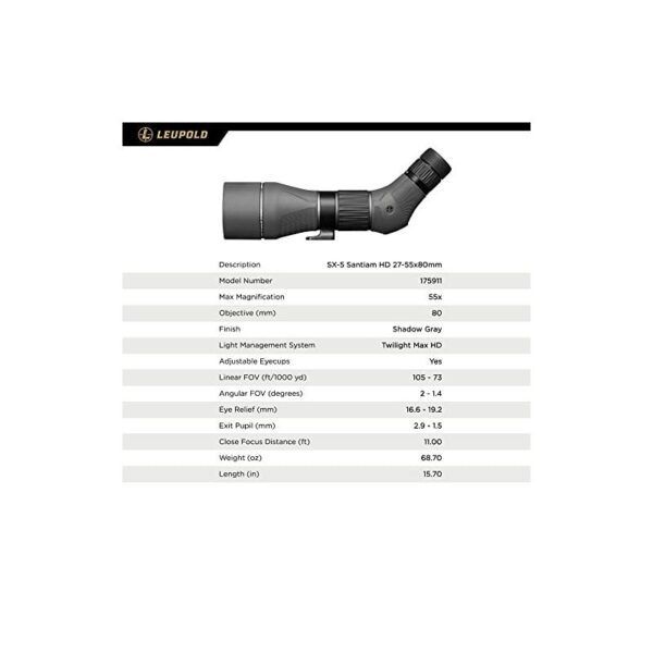 Spektiv Leupold, SX-5 Santiam, 27-55x80mm HD, okulár pod úhlem, šedý