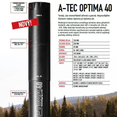 Tlumič A-TEC, model OPTIMA 40, modulový, pro ráže do .30" (7,62mm), na závit 5/8"-24 UNEF
