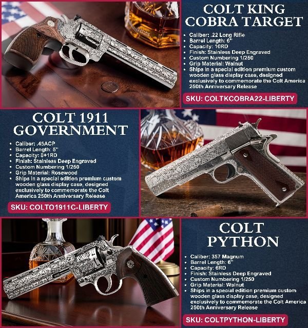 Pistole Colt, Model: 1911 250th Anniversary Set, Ráže: .45 ACP, hl.: 5" (127mm), nerez Pistole Colt, Model: 1911 250th Anniversary Set, Ráže: .45 ACP, hl.: 5" (127mm), nerez